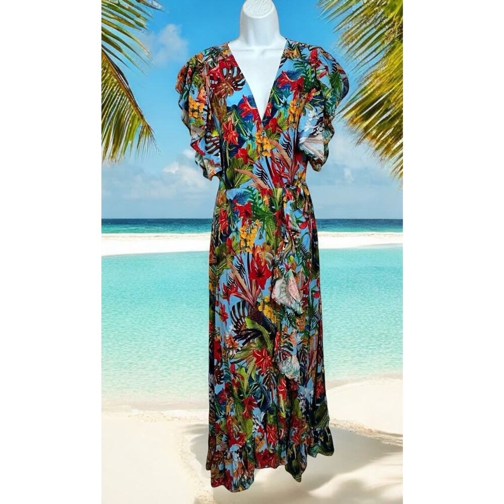 Bali ELF Made By Hand Carmen Floral Tiered Wrap Maxi Dress Sz XL Jungle Oasis - Picture 3 of 10